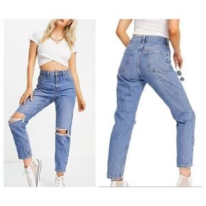 Topshop Petite mid blue double rip Mom jeans W30/L28
